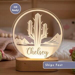 Personalized Cactus Night Light – Custom LED Lamp Kids Room Decor